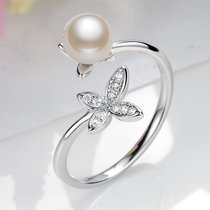 漂亮百合S925银时尚淡水珍珠开口蝴蝶戒指(玫瑰金)