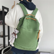 新款帆布包书包女森系复古简约高中大学生ins双肩包素色旅行背包(军绿色大号（可放15.6寸）+有灰熊挂件)