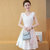 邑概念 新款女装夏韩版修身高腰中长款连衣裙女无袖印花白色欧根纱潮(白色 S)