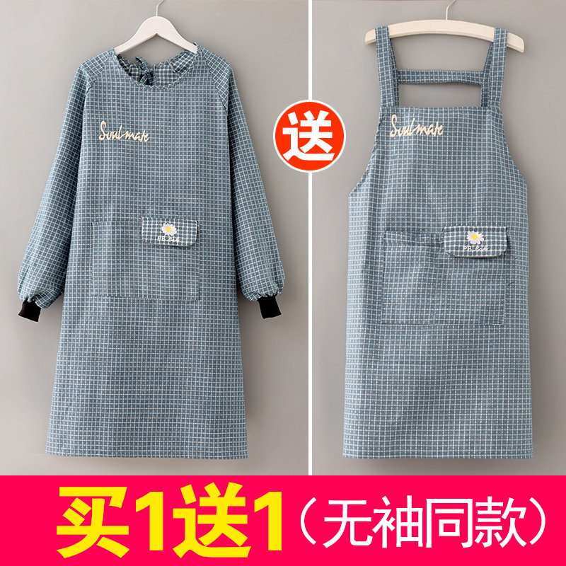 时尚高档纯棉环保围裙女长袖厨房罩衣秋冬透气工作服罩衫家用防油2件