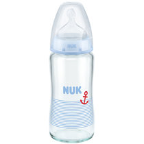 NUK宽口径玻璃奶瓶蓝色240ml(配硅胶奶嘴6个月以上中圆孔) 真快乐超市甄选