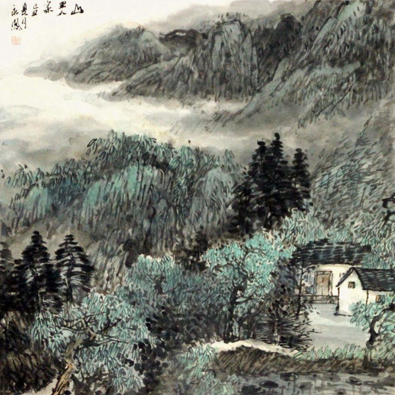 张永凤 山里人家> 国画 山水画 水墨写意 农舍 斗方