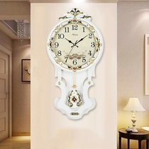 汉时(Hense)欧式创意复古石英静音挂钟客厅自动校时实木装饰摆钟HP07(白色中号-石英机芯)