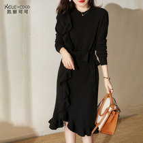 KELECOCO法式荷叶边系带羊毛连衣裙K510(黑色 S)