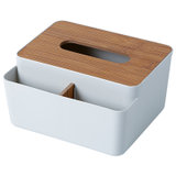 纳宝士多功能纸巾盒桌面餐巾抽纸盒客厅遥控器收纳盒 塑料竹木盖白色