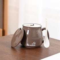陶瓷杯子马克杯带盖勺创意情侣早餐杯男女水杯牛奶杯家用咖啡杯(浅灰早餐杯+小瓷勺+盖子)