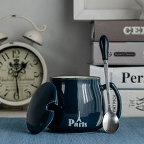 创意个性杯子陶瓷马克杯带盖勺潮流情侣喝水杯家用咖啡杯定制logo(酒红色 深蓝带盖勺)
