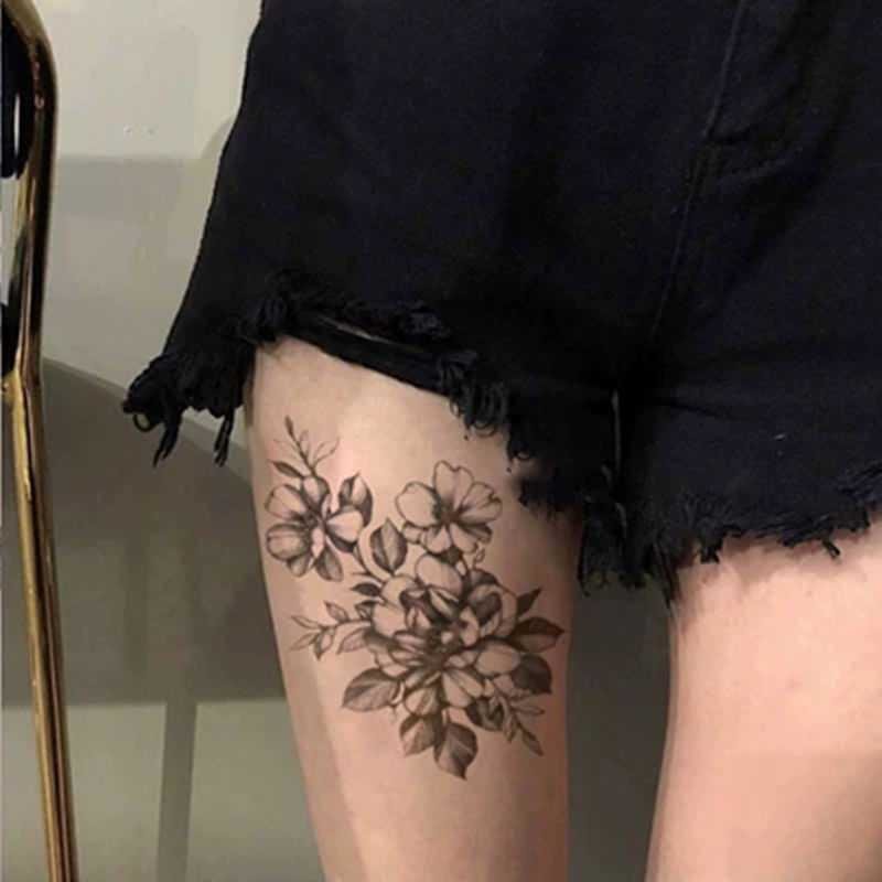 素花防水纹身贴女持久大图案花朵暗黑系大腿逼真花腿霸气社会刺青
