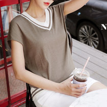 MISS LISA短袖T恤夏装针织衫v领撞色韩国东大门宽松气质打底衫T3247(巧克力色 L)