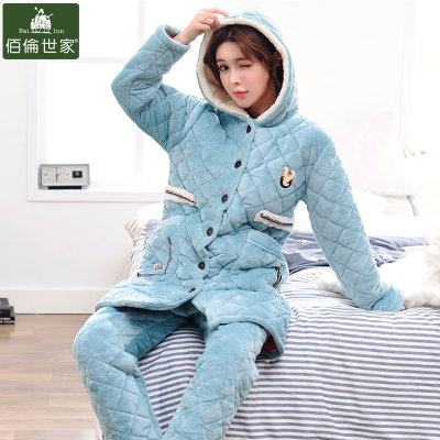 佰伦世家冬季加厚加绒夹棉戴帽睡衣女冬中长款贝贝绒家居服套装(9C9952#蓝 XXL码) 佰伦世家冬季加厚加绒夹棉戴帽睡衣女冬中长款贝贝绒家居服套装(9C9952#蓝 XXL码)