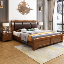 恒兴达 实木床1.8米中式橡胶木色双人床经济型简约现代小户型主卧储物床软靠床(1.5*2米胡桃色 床+床垫+床头柜*2)