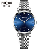艾诺（AILUO）手表 女表 欧美简约钢带女士石英表 防水时尚休闲女款腕表 （白色蓝色）(蓝色 钢带)