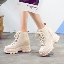 SUNTEK短靴子女2021年新款春秋女鞋百搭加绒8cm内增高厚底英伦风马丁靴(37 米色（加绒）)