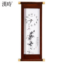 汉时（Hense)新中式实木装饰静音挂钟客厅创意中国风石英挂表HW68(水墨竹竖版-红酸枝色)