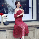 2017夏季新款韩版女装吊带蕾丝连衣裙一字领露肩收腰礼服裙子(红色 S)