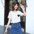 莉菲姿 2017韩版夏装新款女装显瘦格子纯棉百搭休闲短袖T恤(蓝色 XL)