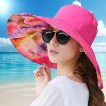 SUNTEK帽子女潮夏天大沿沙滩帽防晒防紫外线可折叠大檐帽海边太阳遮阳帽(M（56-58cm） 荧光 玫红色)