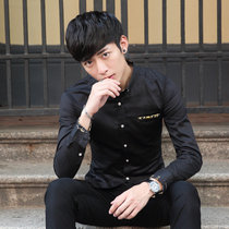 衬衫男2017新款青年男士纯色韩版商务休闲时尚修身长袖衬衣男(E1730黑色 XXL)