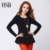 OSA2013春装新款韩版荷叶拼接打底衫套头针织衫长袖女(黑色 XL)