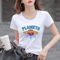 棉 T恤女夏季印花设计感体恤衫修身显瘦上衣韩版女装(字母土星环【白色】 3XL)