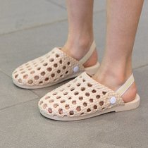 SUNTEK小熊洞洞鞋2021夏季新款男童包头凉拖鞋女童小童可爱外穿软底拖鞋(25 内长15.5cm 米白色光板)