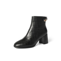 森达2021冬季新款商场同款石头纹气质粗跟女短皮靴4MF01DD1(黑色 36)