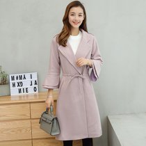 娇维安 2017秋冬季韩版新款大衣 修身显瘦中长款荷叶边外套 女(粉色 XL)