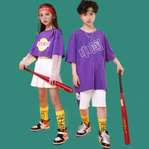 街舞儿童潮装演出服女童爵士套装夏季宽松帅气嘻哈男童中国表演服(140 紫色男款)