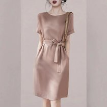时尚名媛气质通勤职业裙子女2021夏新款短袖收腰系带中长款连衣裙(粉红色 M)
