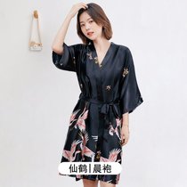 SUNTEK薄款浴袍女长款酒店美容院睡袍男大码华夫格情侣日式和服冰丝睡衣(黑色 【女】仙鹤冰丝浴)