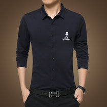 春季男士纯色长袖衬衫商务韩版修身型衬衫衫印花青年衣服男装衬衣   J3023(深蓝色 4XL)