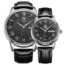 宾格（BINGER）手表商务情侣手表一对石英表皮带男女表对表防水(本色黑面对表)