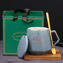 陶瓷水杯子创意个性家用刻字马克杯带盖勺咖啡杯北欧轻奢复古定制(浅灰色带盖勺+（礼盒+竹垫）)
