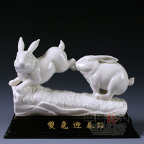 中国龙瓷 家居装饰德化白瓷*工艺品艺术瓷器创意商务礼品摆件双兔迎春(兔子)ZGB0075
