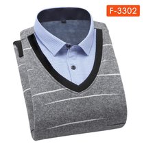 男士冬款加绒加厚假两件衬衫男长袖针织衫套头假两件加绒保暖衬衫(F3302 XL)
