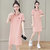 2022夏季新款少女学院风翻领黑色裙子女韩版学生短袖Polo领连衣裙(粉红色 M)