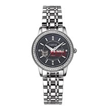 瑞士品牌手表卡芬妮全自动机械手表镶钻双日历情侣礼品腕表(钢色黑面女 钢带)