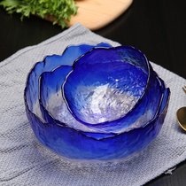 玻璃锤纹彩色沙拉碗家用茶洗客厅水果盘干果盘创意加厚套件(渐变蓝 描金小号)
