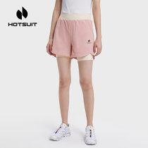 hotsuit后秀假两件运动高腰短裤女夏季防走光跑步健身瑜伽速干裤(3XL 柔和玫瑰色/黄油饼干色)