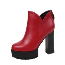 超高跟女靴2017秋冬新款圆头粗跟高跟鞋防水台侧拉链马丁靴女短靴(39)(红色)