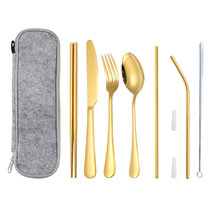 不锈钢吸管便携餐具刀叉勺旅行套装  吸管带硅胶套吸管刷套装学生餐具套装(金色 8件套)