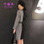 新款韩版拼色中长款针织衫连衣裙女配腰带圆领套头针织裙(黑色 均码)