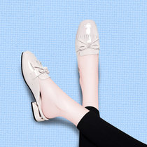 古奇天伦包头方跟拖鞋女夏季新款外穿韩版时尚中跟凉拖百搭漆皮懒人一脚蹬女鞋子8471-2(米色 34)