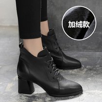 SUNTEK女鞋春秋2021年新款系带加绒短靴英伦风靴子冬粗跟棉鞋马丁靴(黑色（绒里） 40)