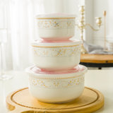 浩雅 陶保鲜碗套装家用陶瓷饭盒储物罐泡面碗可微波密封碗三件套 太阳岛(白色)