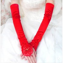 秋冬季新款新娘结婚婚纱手套长款露指 韩版时尚过肘蕾丝手套(红色)