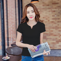 莉菲姿 夏季新款韩版时尚纯色V领大码T恤短袖女修身上衣打底衫(黑色 XXXL)