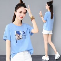 印花短袖T恤女装夏季时尚ins潮洋气打底衫设计感开叉上衣(蓝色 COOL GIRL+袖子印花 XL 115-130斤)