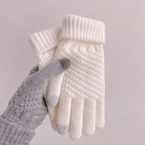 可触屏手套女冬韩版加绒纯色简约保暖针织骑车连指手套(白色)