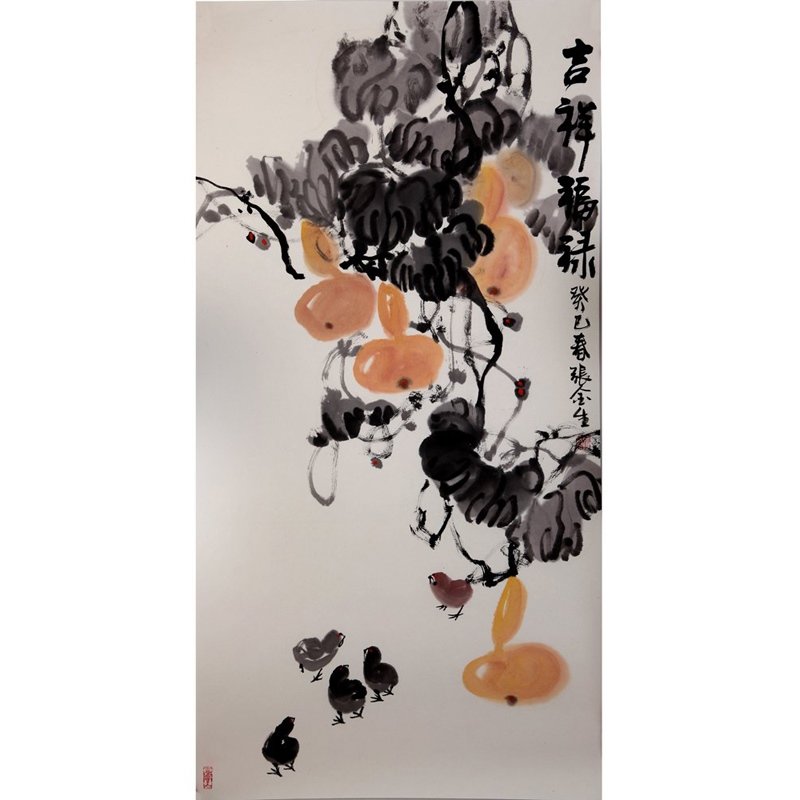张金生吉祥福禄国画花鸟画水墨写意瀚公古风堂主人葫芦小鸡竖幅立轴